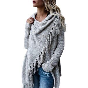 Asymmetrical Gray Knit Sweater With Fringe Detail - Cozy & Stylish one size